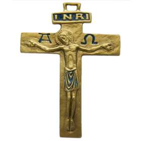 Crucifix bronze émaillé avec Alpha et Omega - 13 cm